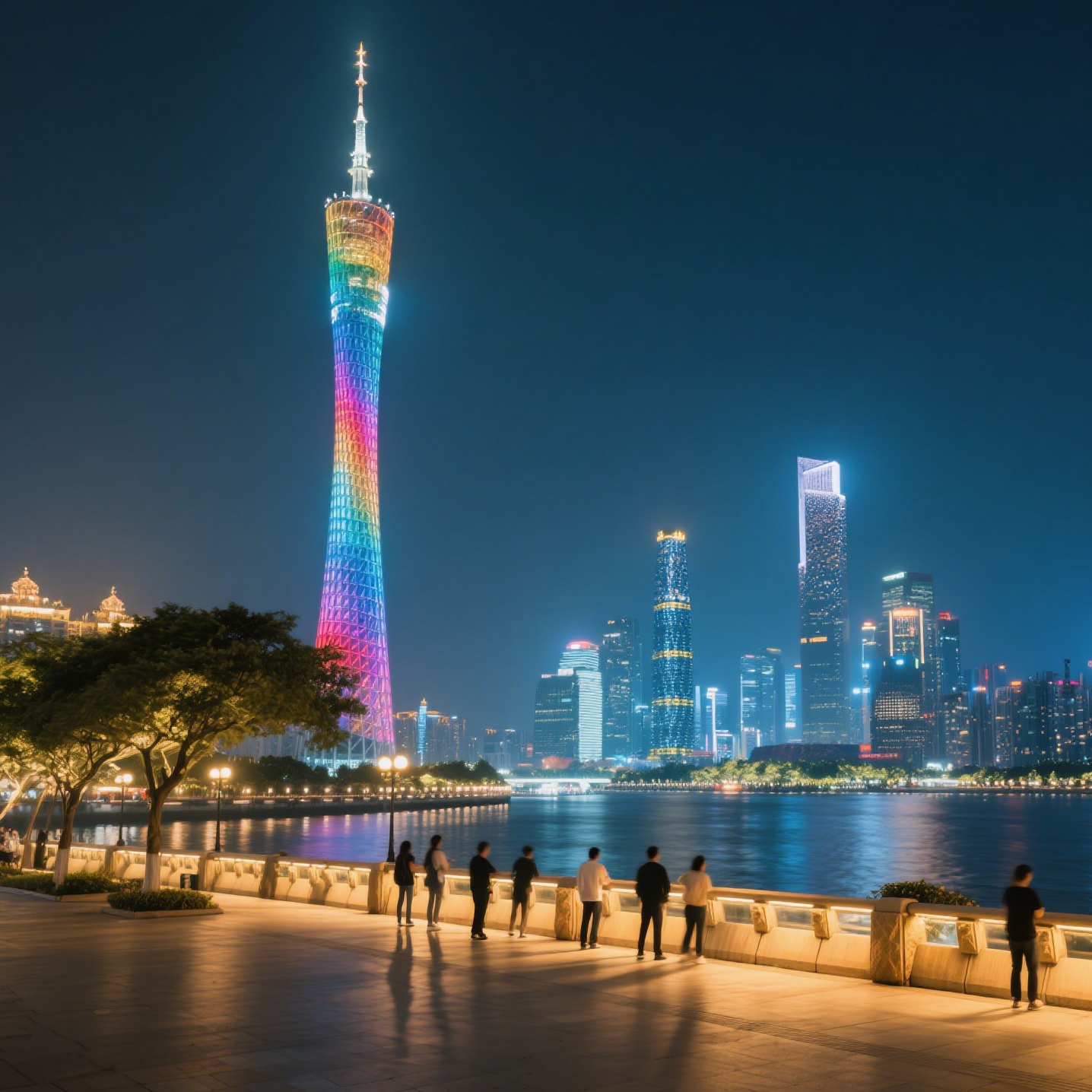 Canton Tower glowing at night overlooking Guangzhou skyline