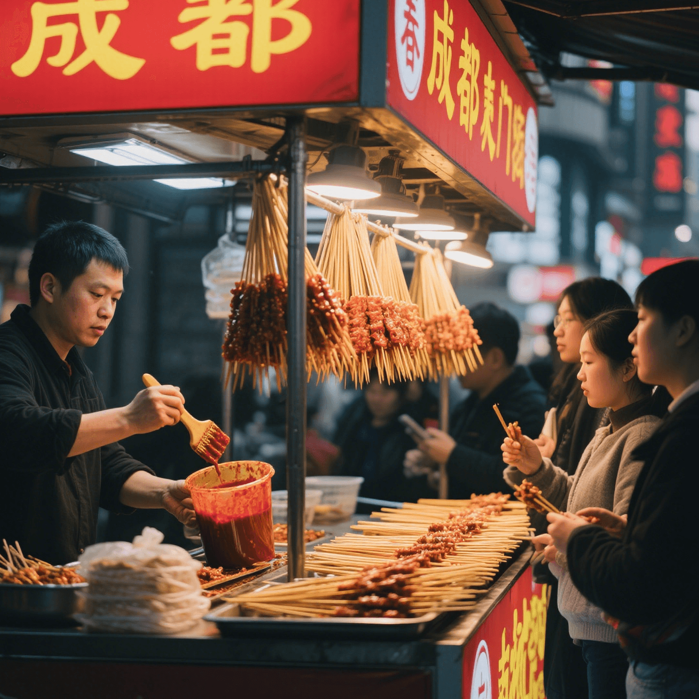Chunxi Road street food stalls offering skewers, featured in Chengdu foodie itinerary