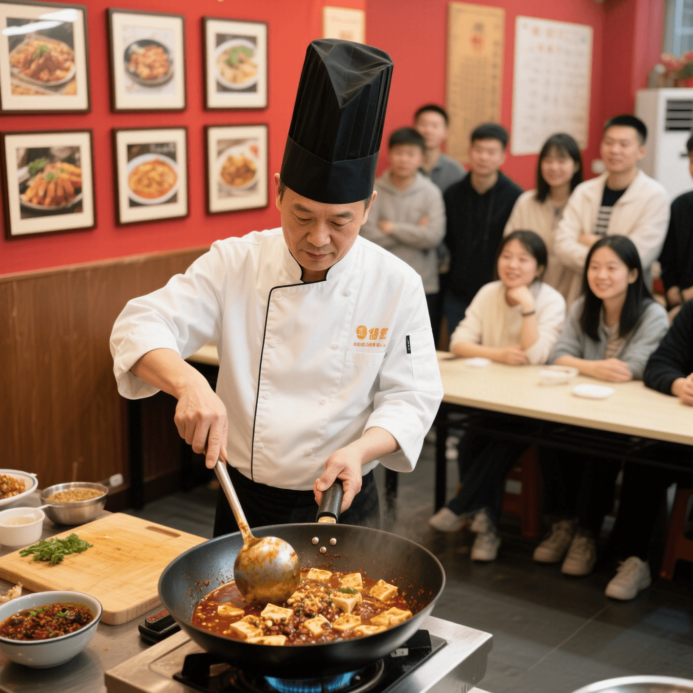 Sichuan cooking class instructor showing how to make Mapo Tofu on Chengdu foodie itinerary